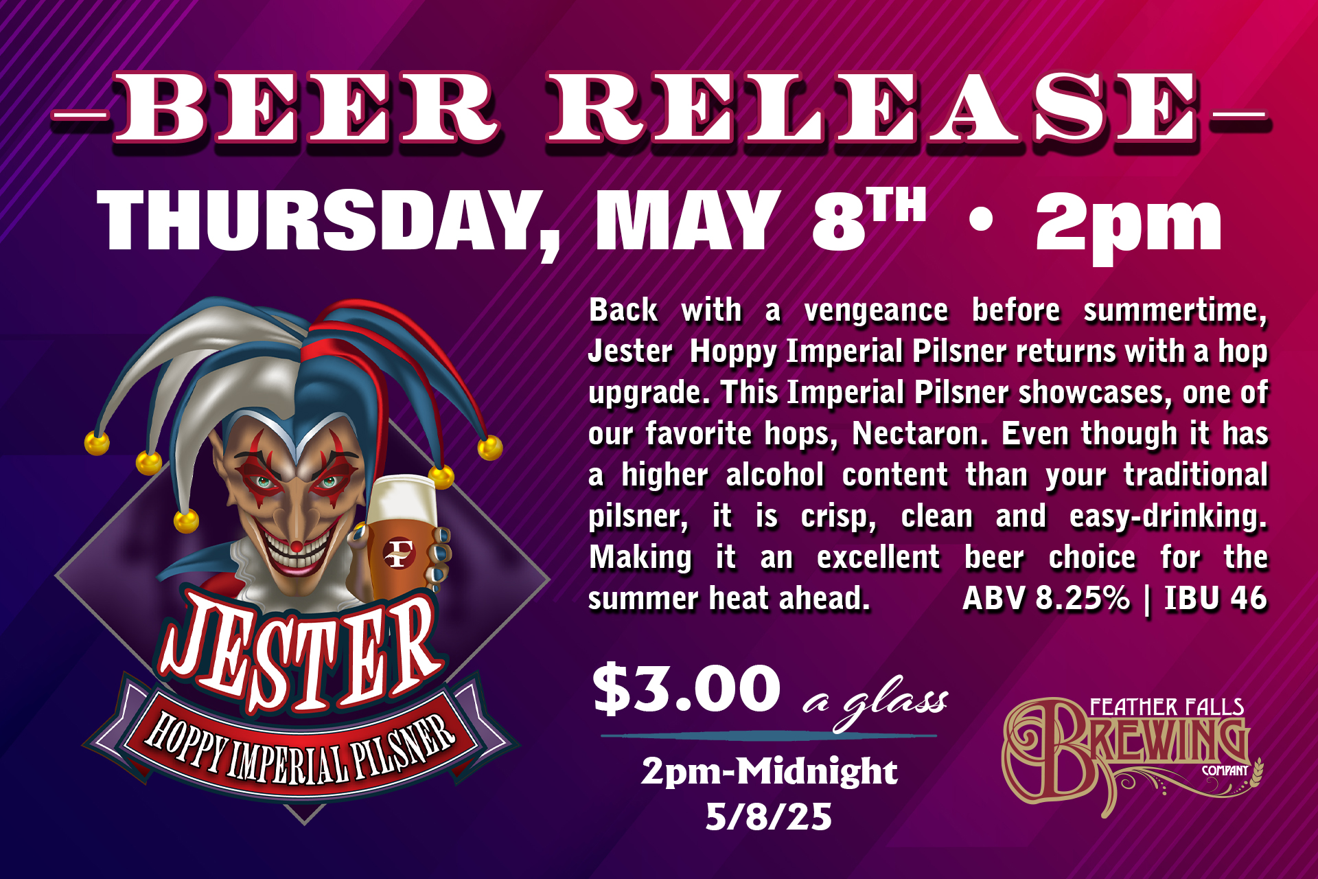 Jester Beer Release Thursday, May 8th. 2pm.