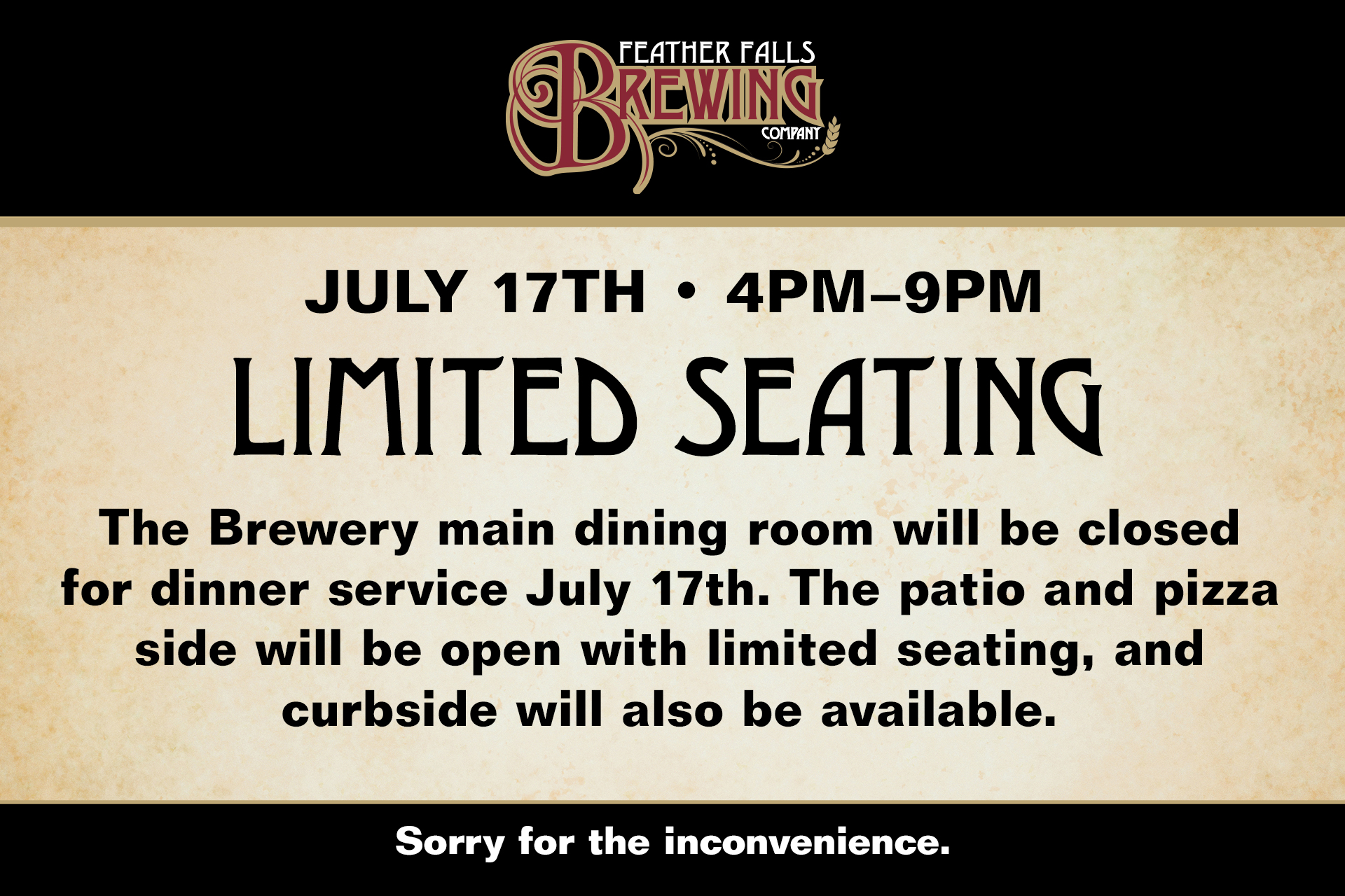 Feather Falls Brewing Company - July 17th, 4pm to 9pm - Limited seating