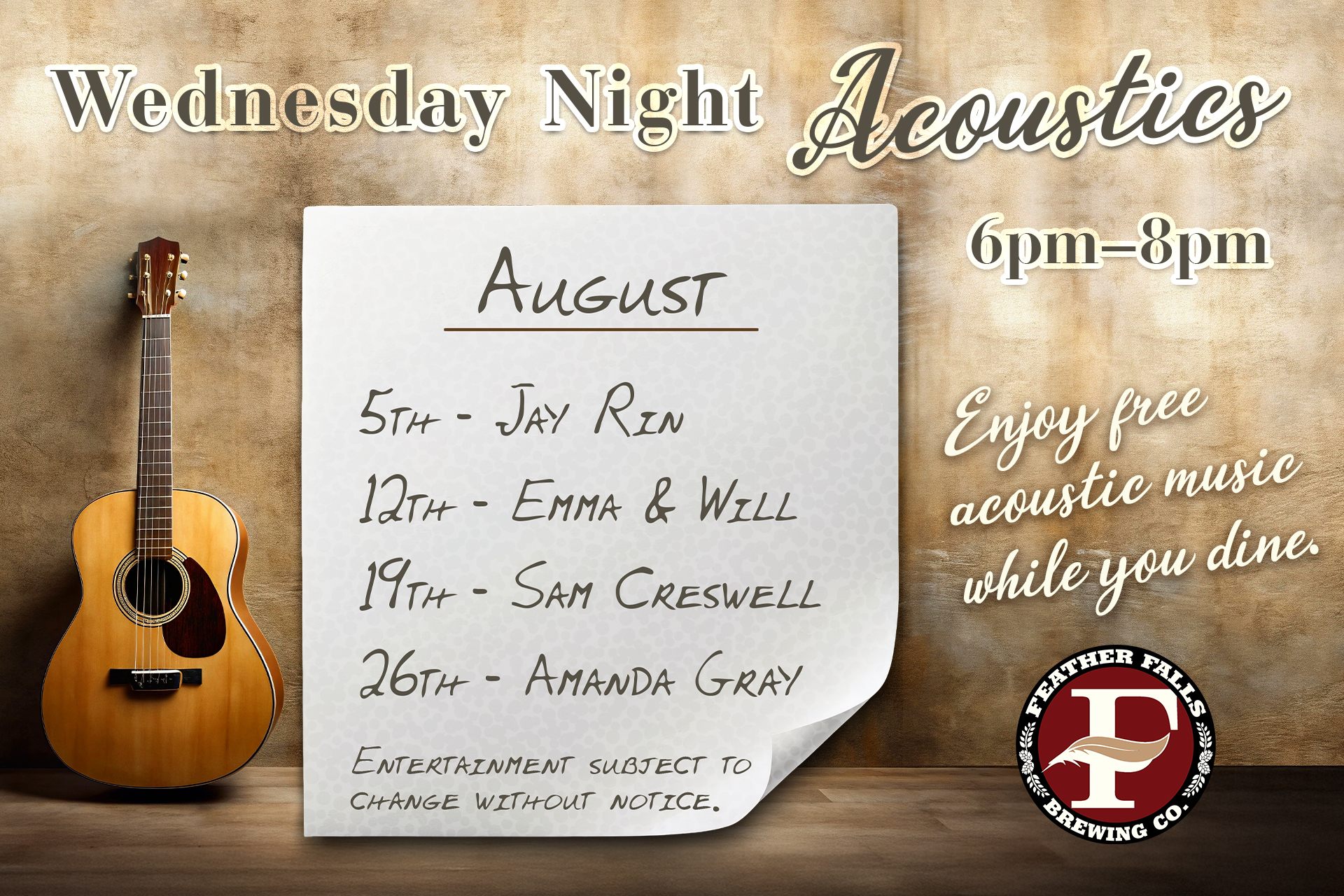 August Wednesday Night Acoustics 6p,-8pm